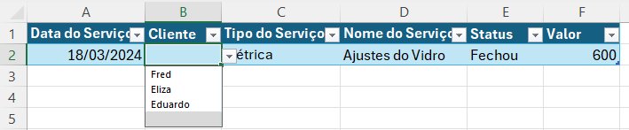 Lista suspensa com os nomes dos clientes