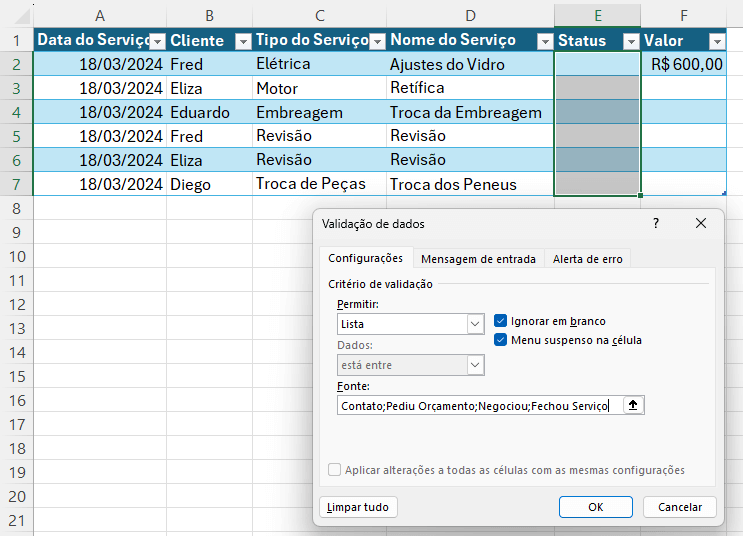 Criando validação de dados na coluna Status dos Serviços