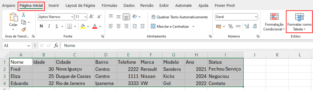 Formatando como tabela