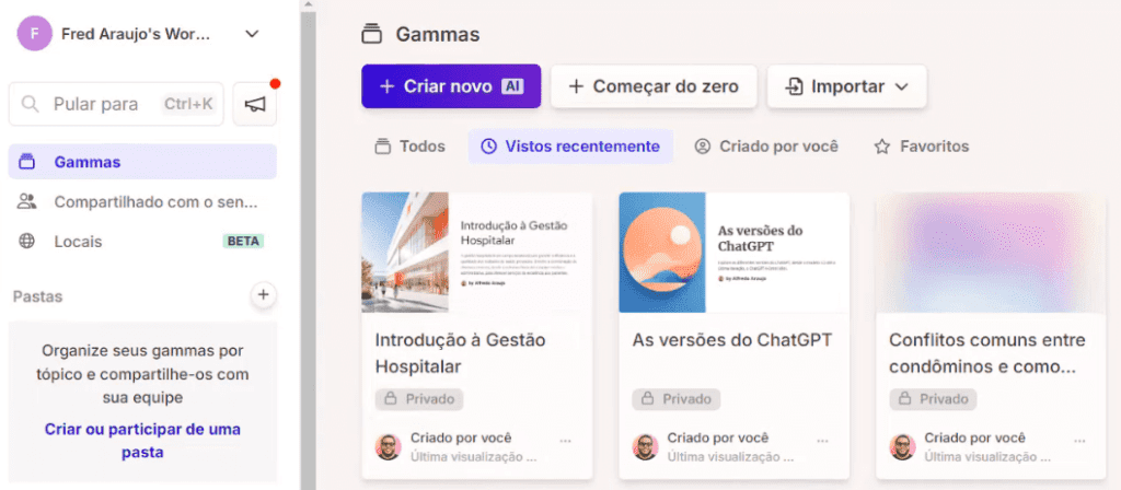 Tela inicial inteligência artificial Gamma