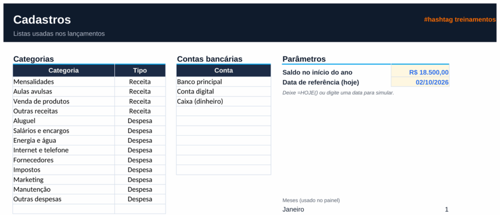 Aba de cadastros com categorias, contas bancárias e saldo inicial da planilha de contas a pagar e receber