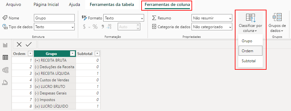 Classificar por coluna, definindo a coluna Ordem