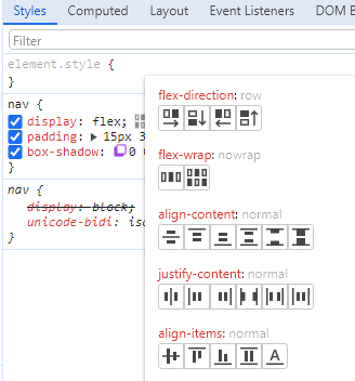 Opções do flexbox editor