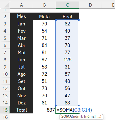 função SOMA no Excel para Real