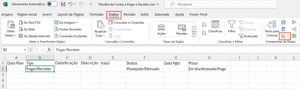 Planilha de Contas a Pagar e Receber – Crie a Sua 2 Validação de Dados