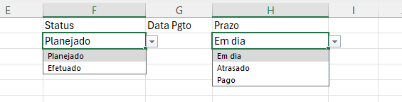 Planilha de Contas a Pagar e Receber – Crie a Sua 5 validação de dados para o status