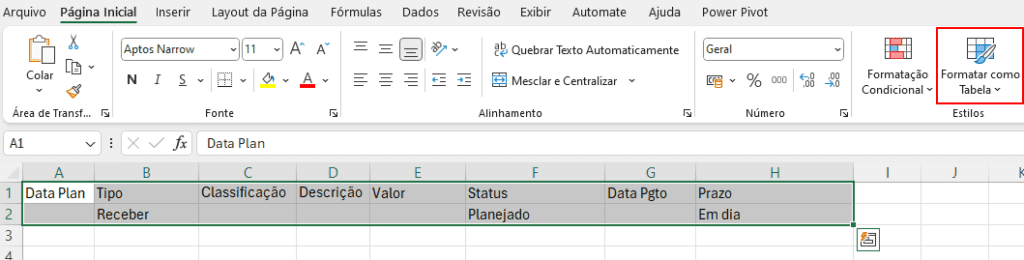 Planilha de Contas a Pagar e Receber – Crie a Sua 6 Formatar como tabela