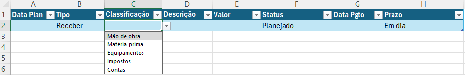 Planilha de Contas a Pagar e Receber – Crie a Sua 8 Adicionando Informações na Tabela