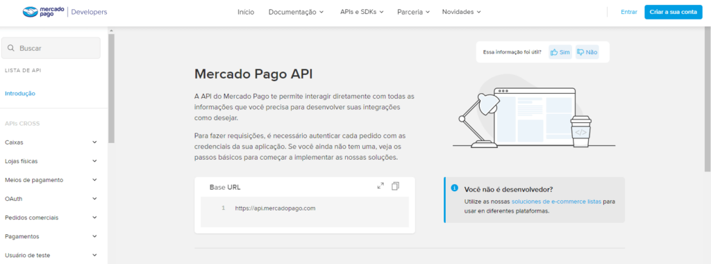 página inicial da API do Mercado Pago