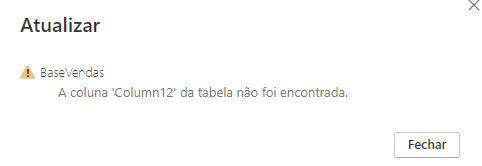 Erro após Excluir uma Coluna na Base de Dados