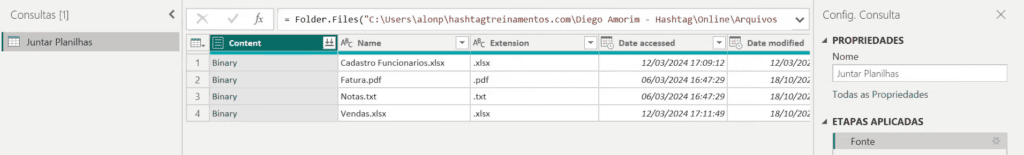lista de planilhas dentro do Power Query