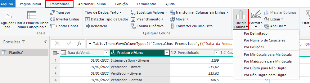 Dividir Coluna no Power Query