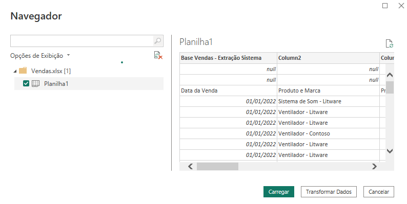 Selecionando a opção de transformar dados