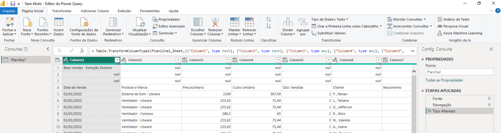 Tabela no Power Query