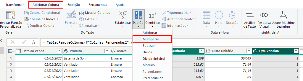 Cálculo entre Colunas no Power Query