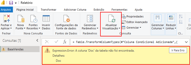 mensagem de erro no Power Query