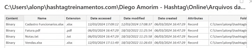 Curso Básico de Power Query – Saia do Zero em Power Query 117 lista com todos os arquivos encontrados na pasta definida