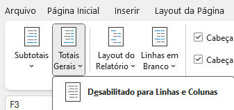 Desabilitado para Linhas e Colunas