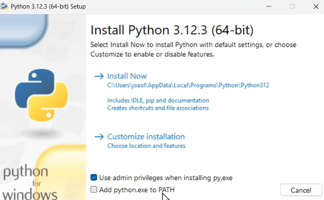 opção Add python.exe to PATH