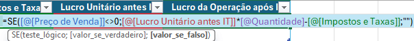 Cálculo da coluna Lucro da Operação