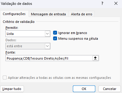 Validação de dados para a coluna tipo