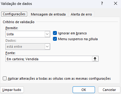 validação de dados com os valores Em carteira ou Vendida para o Status