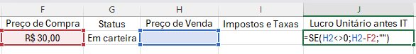 cálculo da coluna Lucro Unitário antes IT