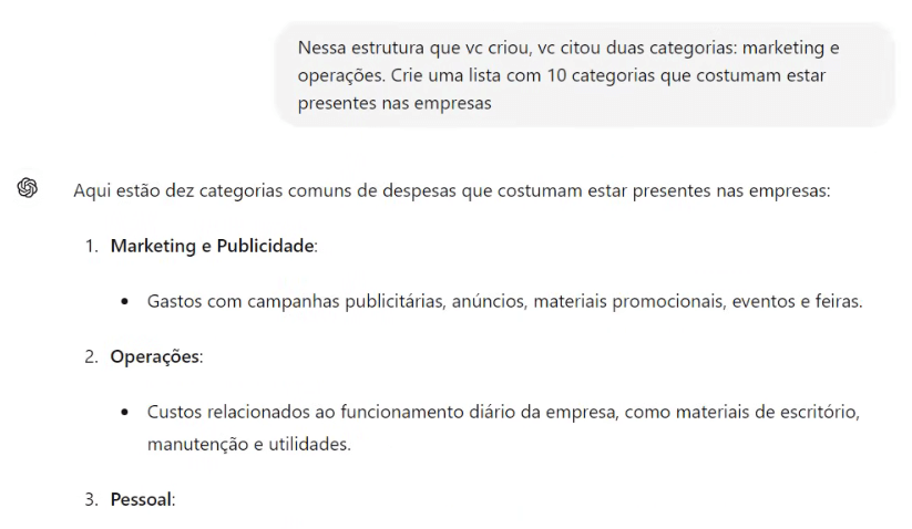 Complementando a planilha de orçamento