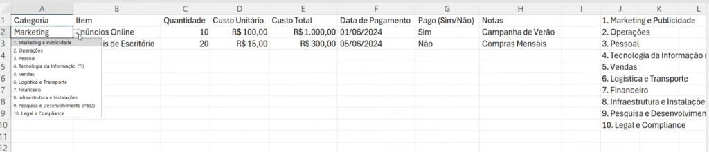Lista suspensa criada