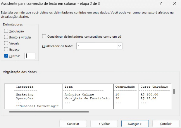 Definindo o delimitador