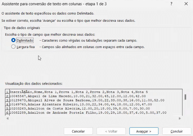 opção Delimitado