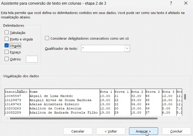 opção Vírgula como delimitador