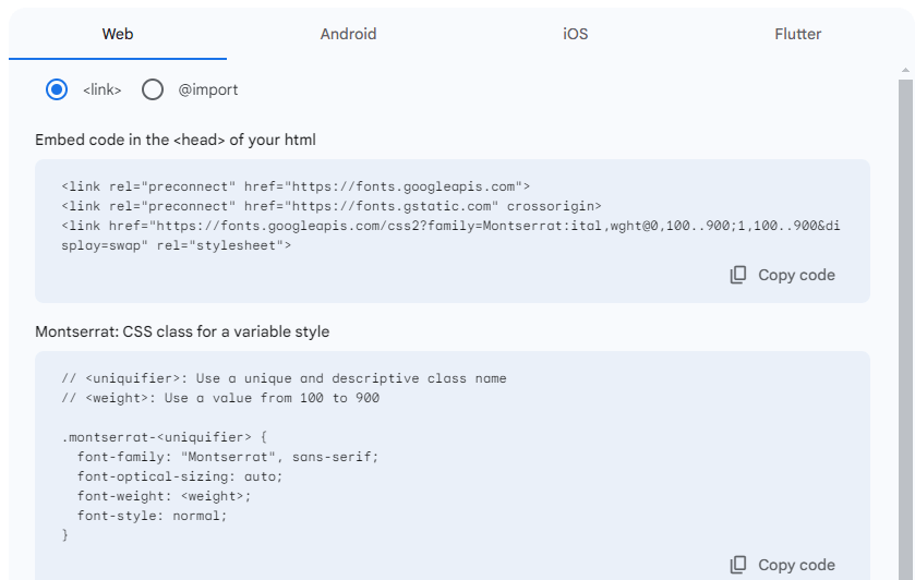 Código no Google Fonts