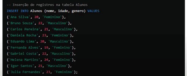 Inserindo dados da tabela alunos