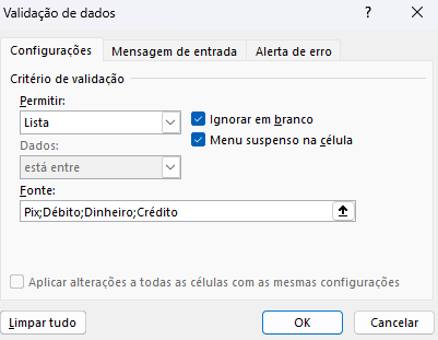 Definir fonte da validação de dados