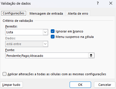 Validação de dados Status de Pagamento