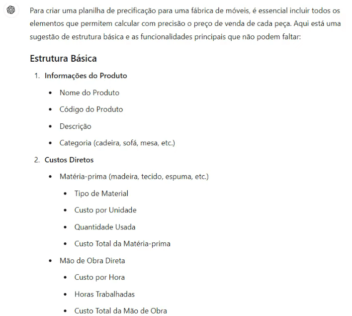 estrutura básica para a planilha