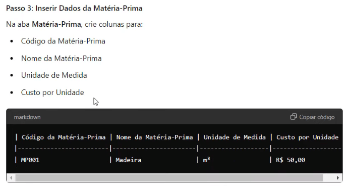 Passo 3: Inserir Dados da Matéria-Prima