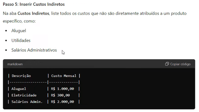 Passo 5: Inserir Custos Indiretos
