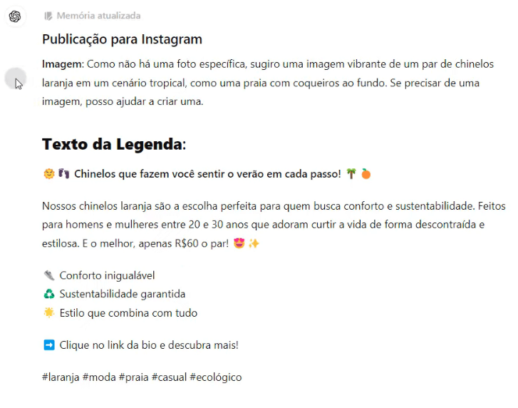 modelo de postagem para o Instagram gerado pelo ChatGPT