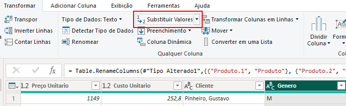 opção Substituir Valores