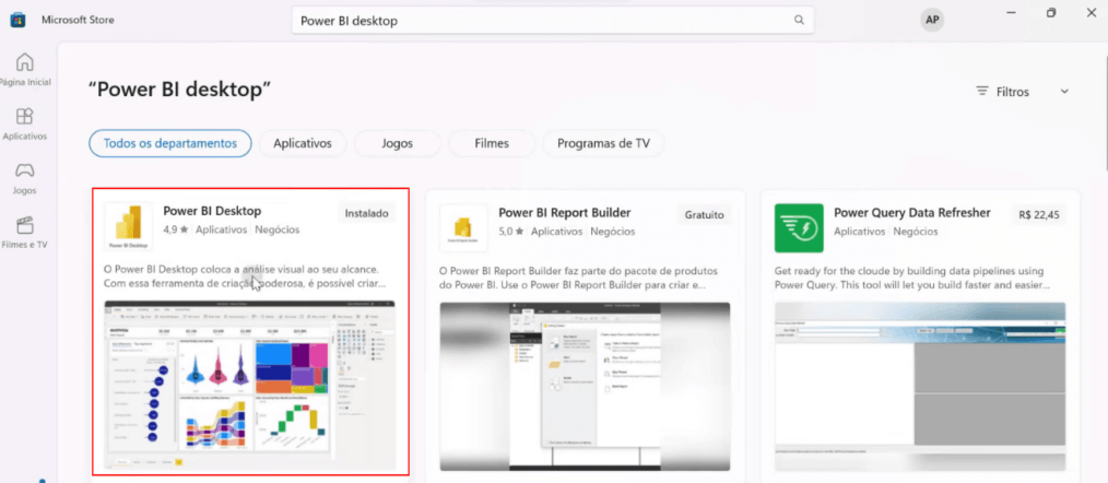 Instalação do Power BI na Microsoft Store
