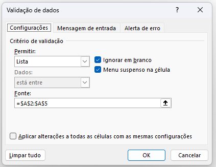 Validação de Dados Lista