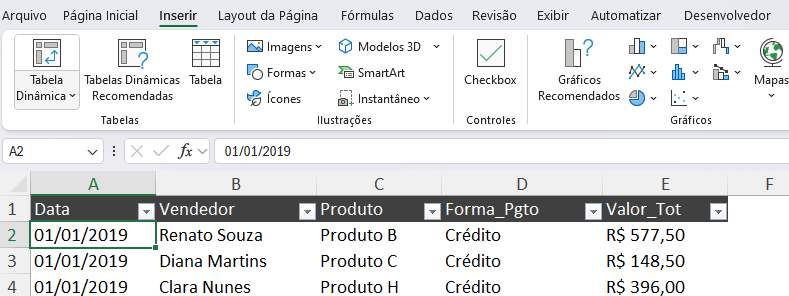 Opção Tabela Dinâmica no Excel