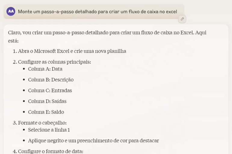 como montar um fluxo de caixa no Excel com Claude AI