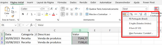 números em formato de moeda