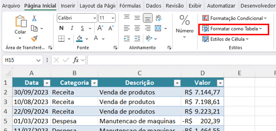 Formatar como Tabela