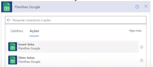 Procurar por Planilhas Google e selecionar a ação Inserir linha