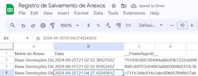 Planilha de registros