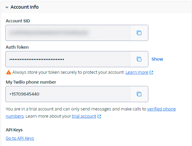 Account SID e Auth Token